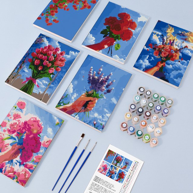 Malen nach Zahlen ¨C 6 Mini-Gem?lde | Blumenstr?u?e im Himmel-Set