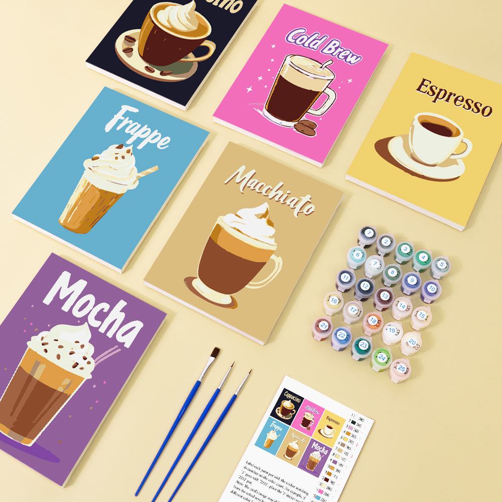 Malen nach Zahlen ¨C 6 Mini-Gem?lde | Buntes Kaffee-Set
