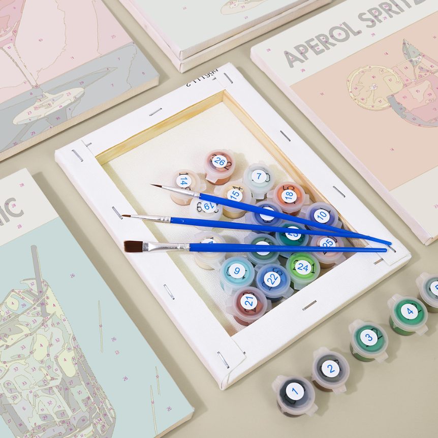 Sip & Paint Cocktail Set - 6 Mini Malen nach Zahlen + 6 Staffeleien