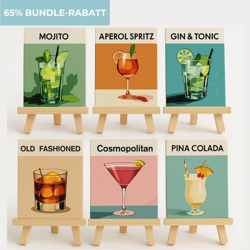 Sip & Paint Cocktail Set - 6 Mini Malen nach Zahlen + 6 Staffeleien