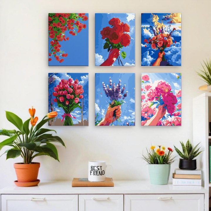 Malen nach Zahlen ¨C 6 Mini-Gem?lde | Blumenstr?u?e im Himmel-Set