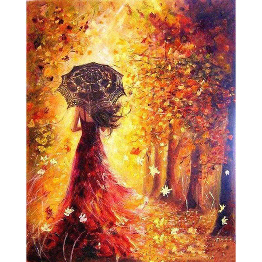 Autumn Forest and Woman with Umbrella