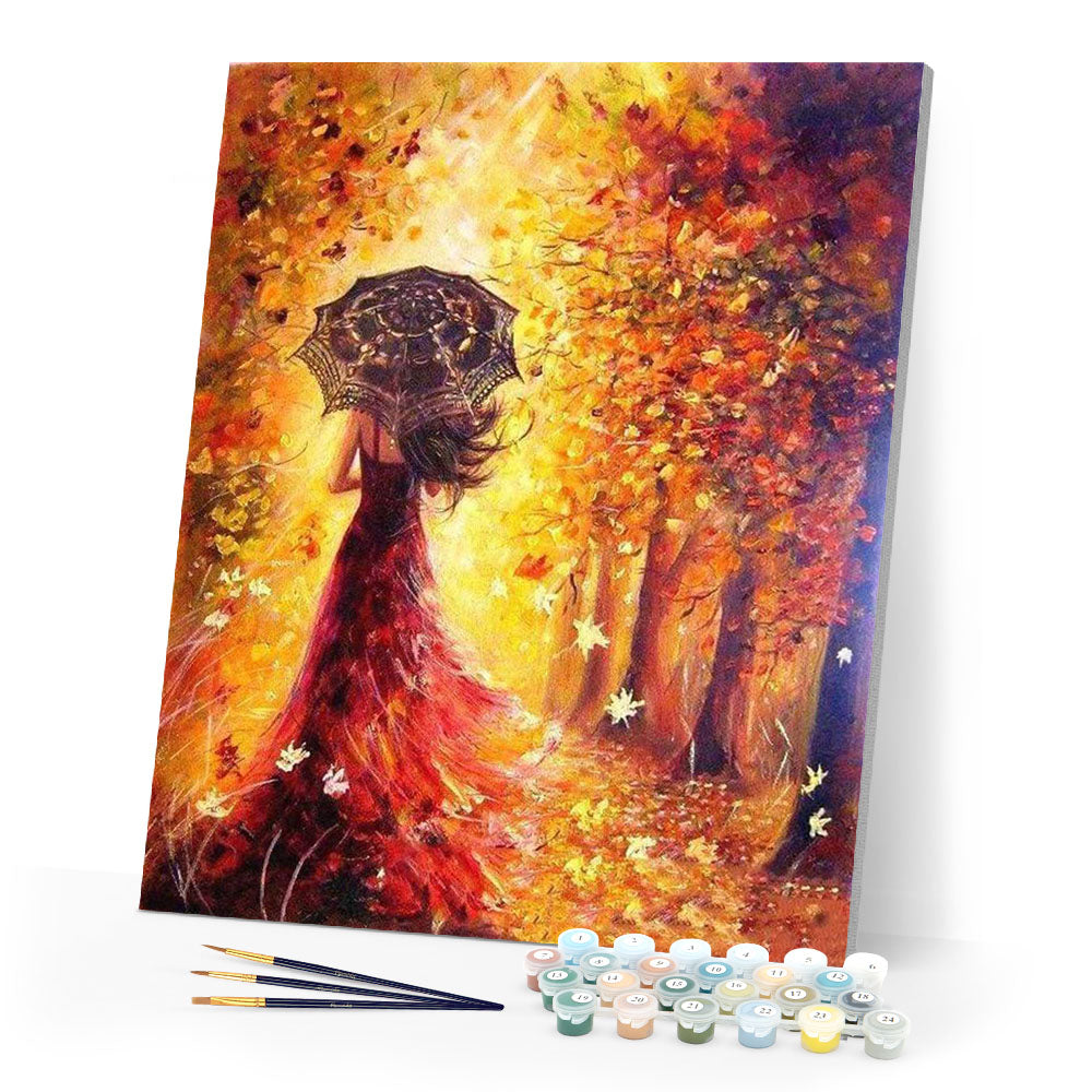 Autumn Forest and Woman with Umbrella