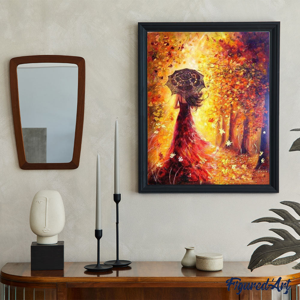 Autumn Forest and Woman with Umbrella