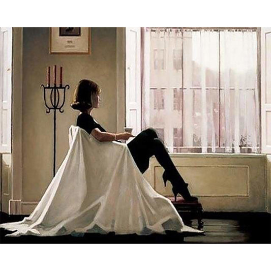 Woman looking through her window