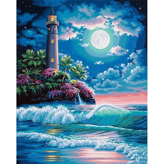 Lighthouse under a full moon