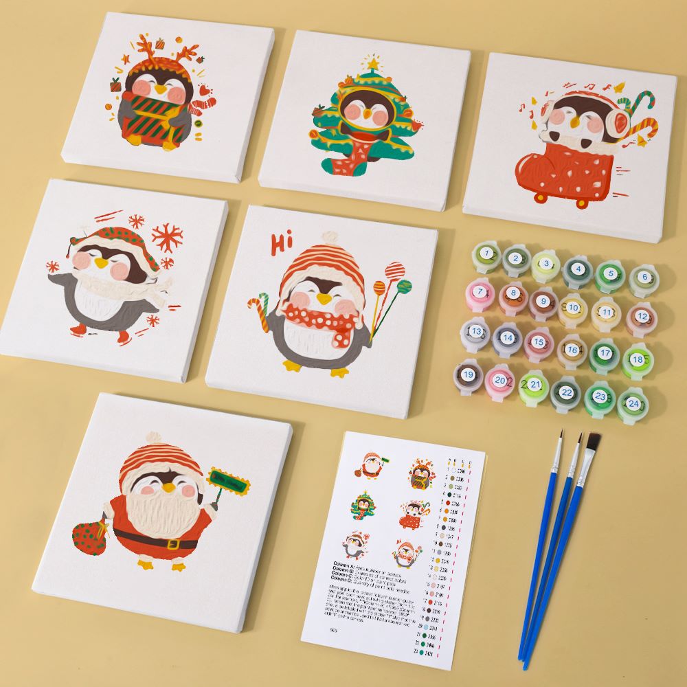 Malen nach Zahlen - 6 Mini Paintings | Weihnachts-Pinguine Set