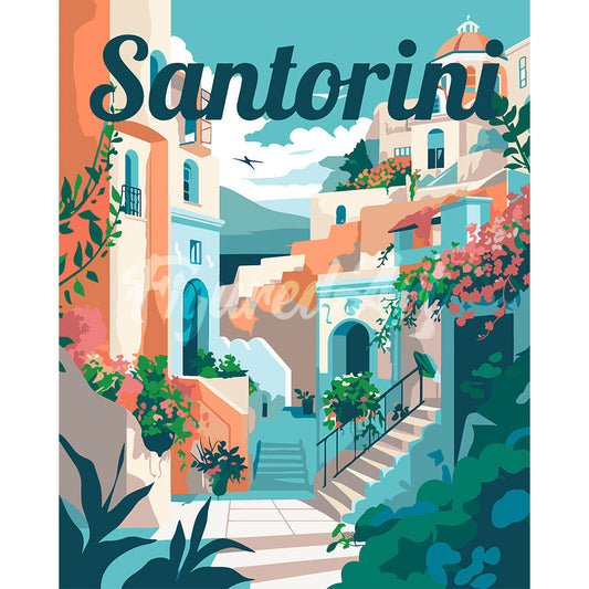 Reiseplakat Santorini in Blüte