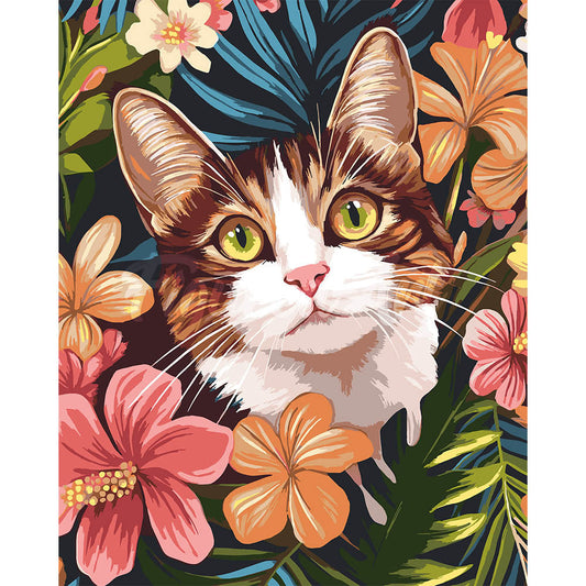 Katze mit tropischen Blumen