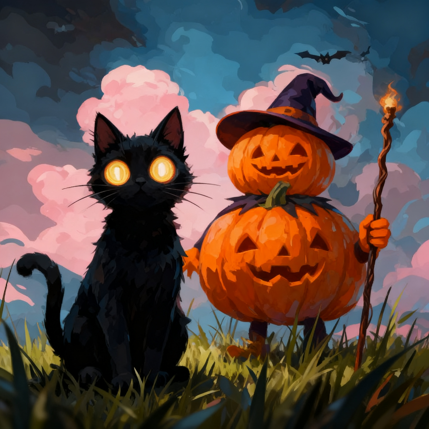 Black Cat and Pumpkin Wizard - Paint by Numbers