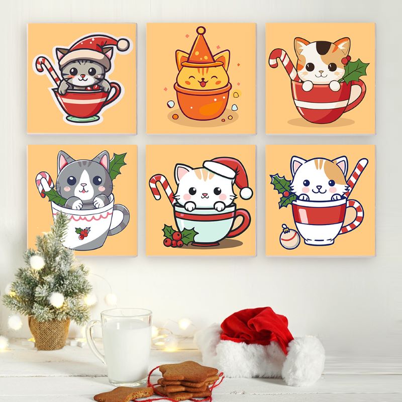 Malen nach Zahlen - 6 Mini-Gem?lde | Weihnachtskatzen Set