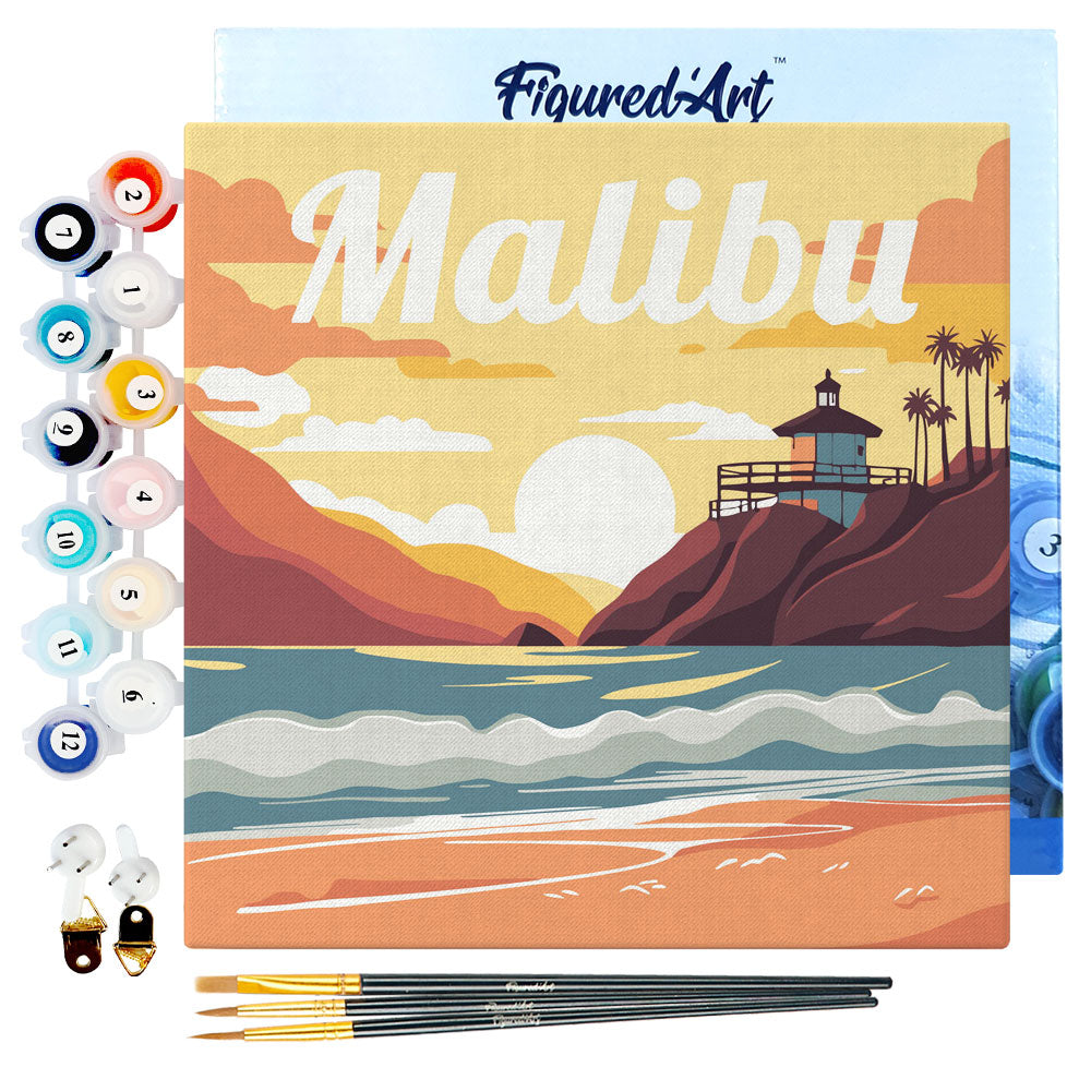 Mini Malen nach Zahlen 8x8 gerahmt - Reiseposter Malibu