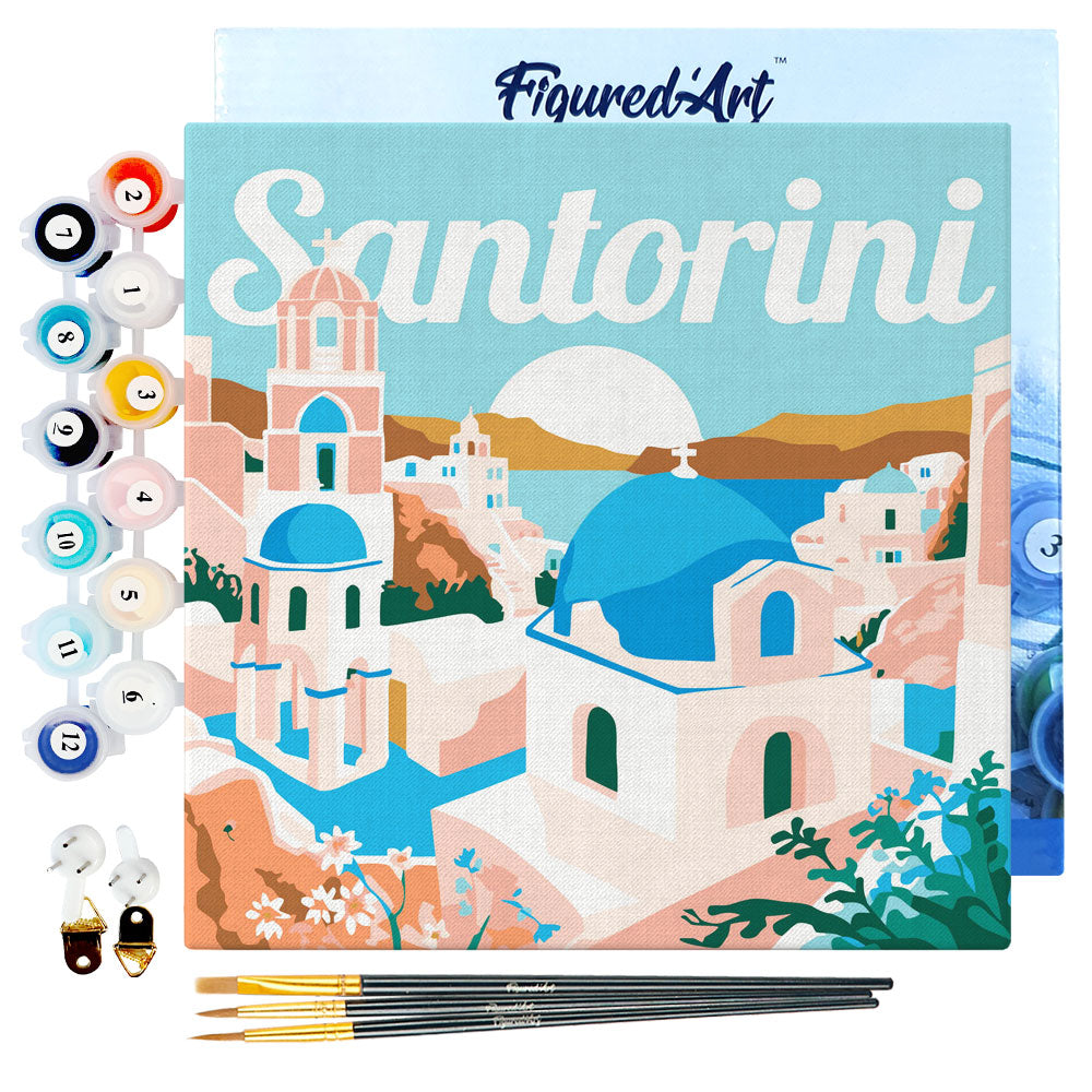 Mini Malen nach Zahlen 8x8 gerahmt - Reiseposter Santorini Sonnenaufgang