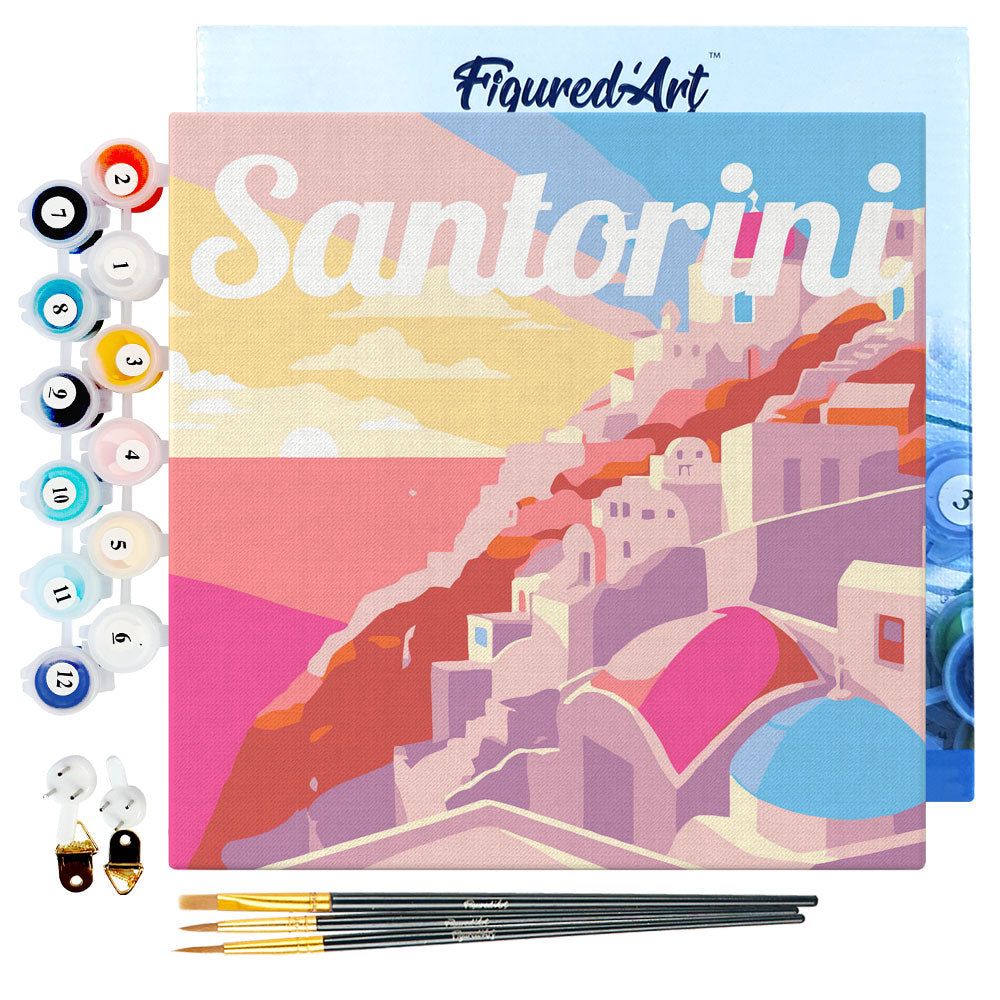 Mini Malen nach Zahlen 8x8 gerahmt - Reiseposter Santorini Sonnenuntergang