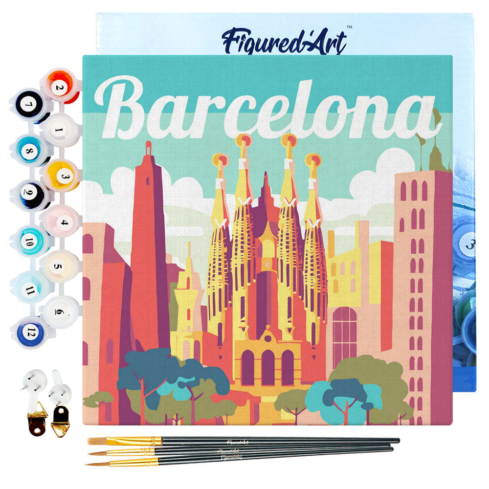Mini Malen nach Zahlen 8x8 gerahmt - Reiseposter Barcelona