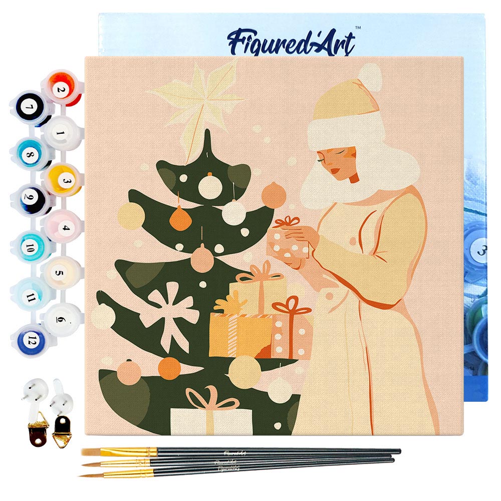 Mini Paint by numbers 8x8 framed - Woman with Christmas Tree