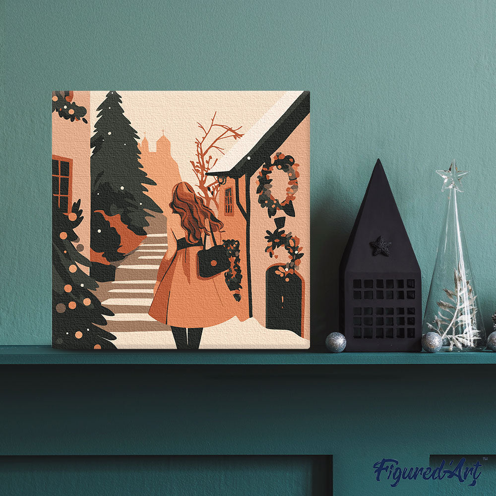Mini Paint by numbers 8x8 framed - Girl in Festive Village