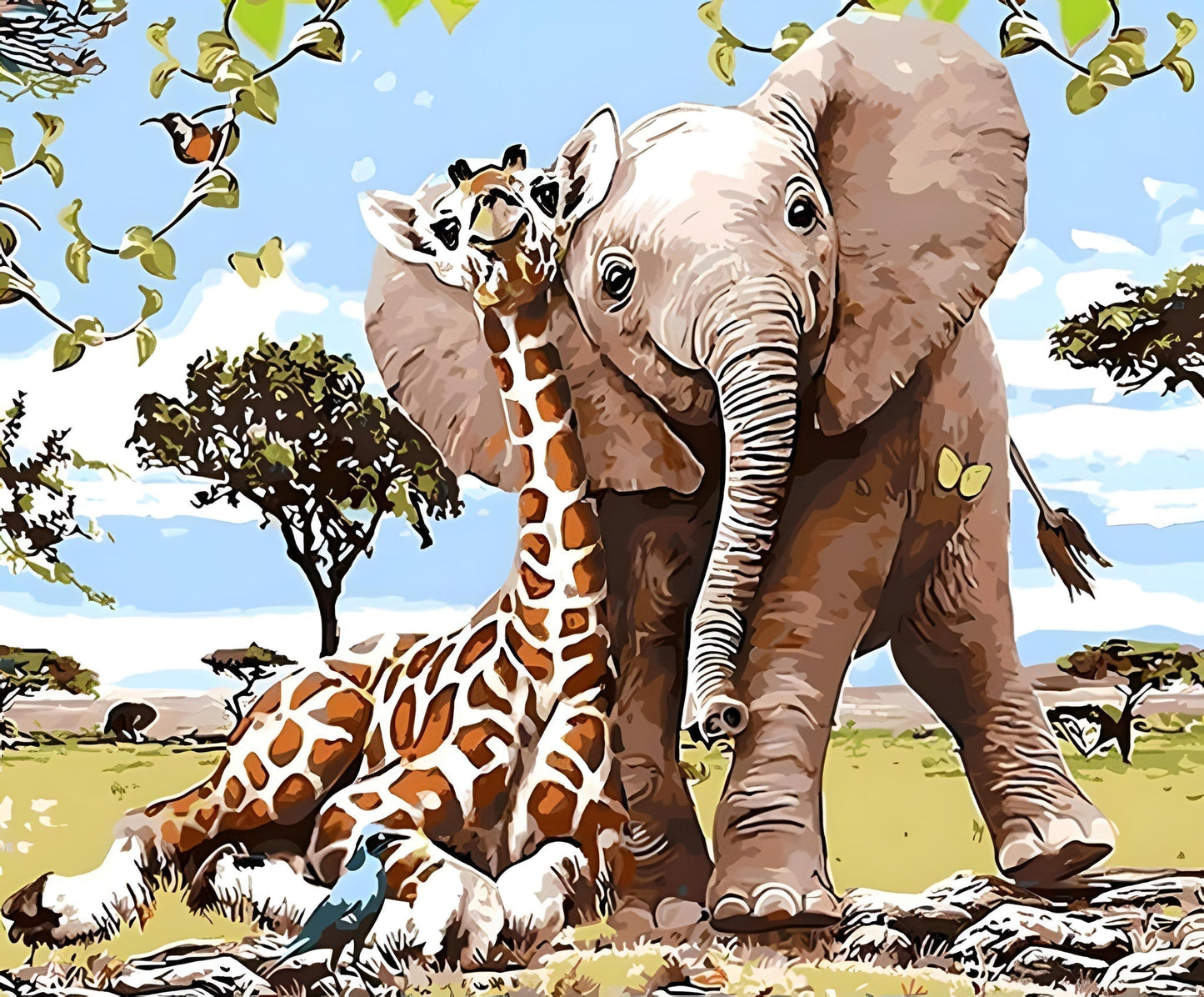 Eine Giraffe und ein Elefant zusammen