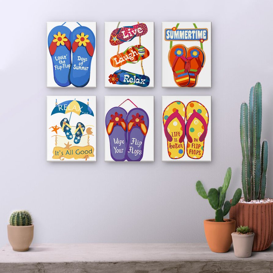 Malen nach Zahlen ¨C 6 Mini-Gem?lde | Flip-Flop Sommer-Set
