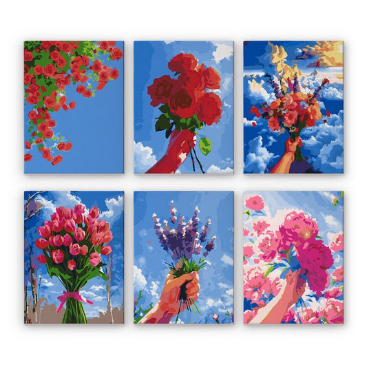 Malen nach Zahlen ¨C 6 Mini-Gem?lde | Blumenstr?u?e im Himmel-Set