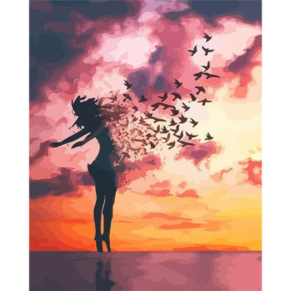 Frauen und Vögel bei Sonnenaufgang