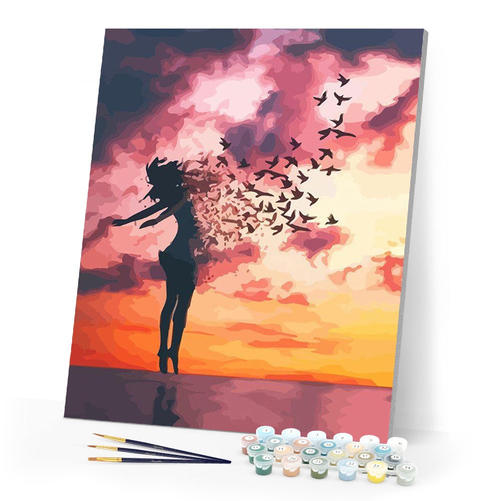 Frauen und Vögel bei Sonnenaufgang