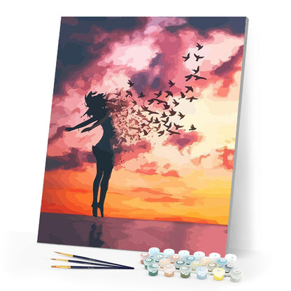 Frauen und Vögel bei Sonnenaufgang