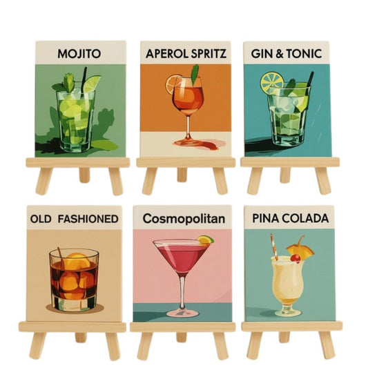 Sip & Paint Cocktail Set - 6 Mini Malen nach Zahlen + 6 Staffeleien
