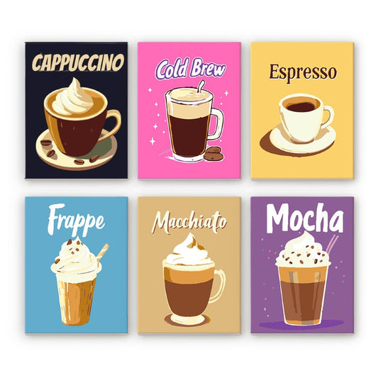 Malen nach Zahlen ¨C 6 Mini-Gem?lde | Buntes Kaffee-Set