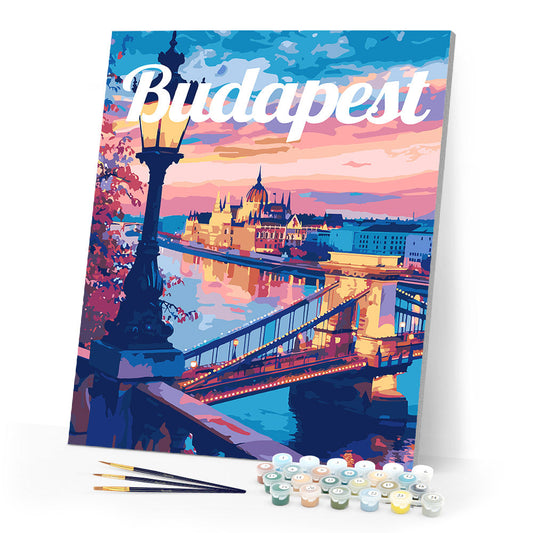 Reiseplakat Budapest in der Abenddämmerung