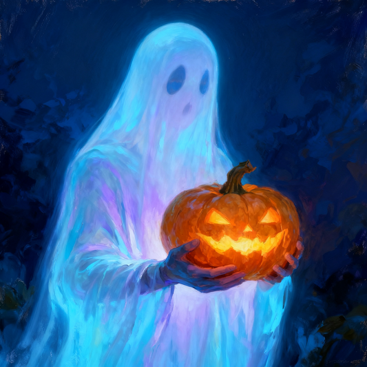 Ghost holding a pumpkin lantern - Paint by Numbers