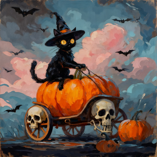 Magic black cat riding a pumpkin carriage - Paint by Numbers