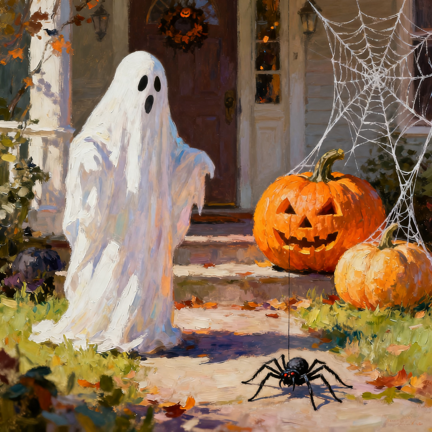 White ghost and spider in front of the door - Paint by Numbers
