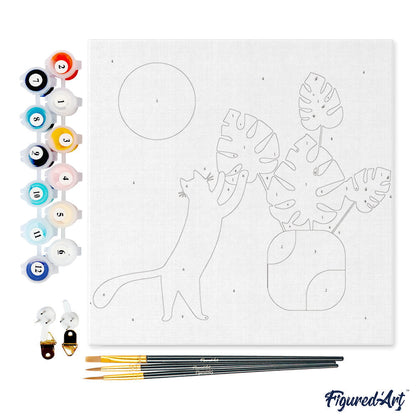 Mini-Malen nach Zahlen 8x8 gerahmt - Katze spielt mit Monstera