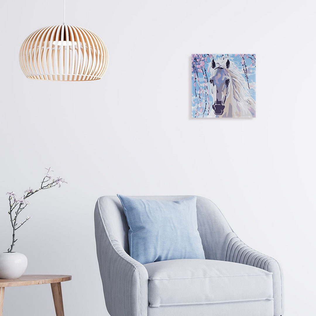 Mini-Malen nach Zahlen 8x8 gerahmt - Weißes Pferd und Blumen