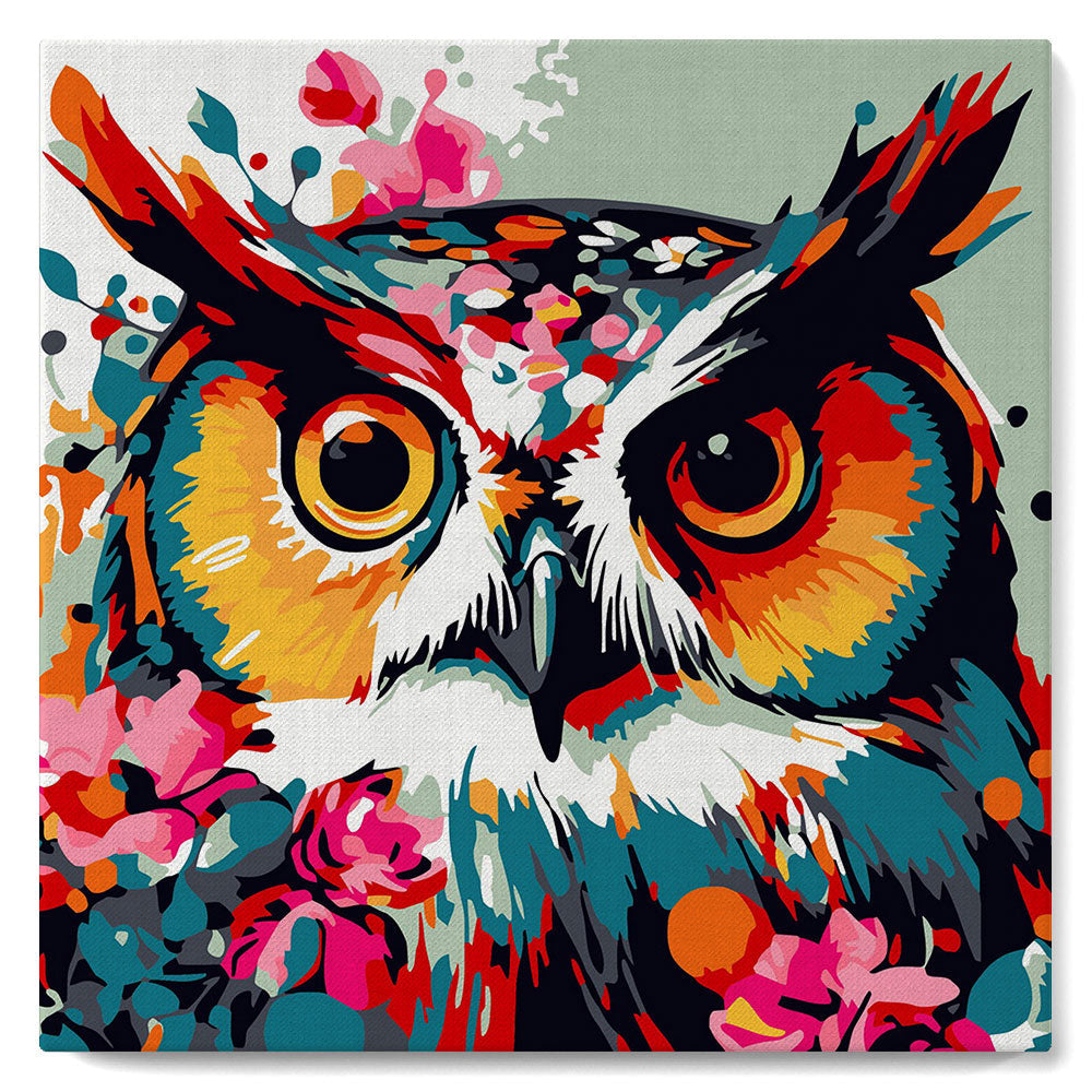 Mini-Malen nach Zahlen 8x8 gerahmt - Fantasie-Eule mit Blumen
