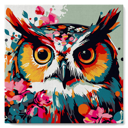 Mini-Malen nach Zahlen 8x8 gerahmt - Fantasie-Eule mit Blumen