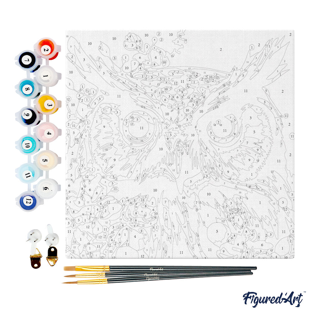 Mini-Malen nach Zahlen 8x8 gerahmt - Fantasie-Eule mit Blumen