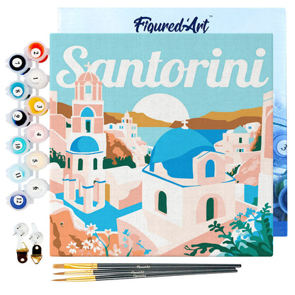 Mini Malen nach Zahlen 8x8 gerahmt - Reiseposter Santorini Sonnenaufgang