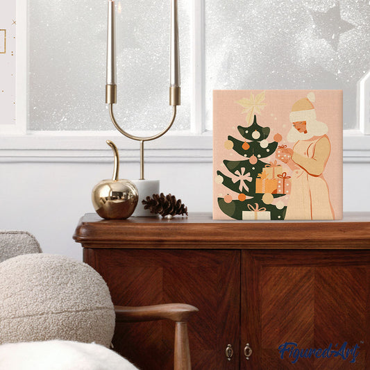 Mini Paint by numbers 8x8 framed - Woman with Christmas Tree
