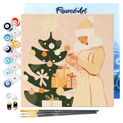 Mini Paint by numbers 8x8 framed - Woman with Christmas Tree