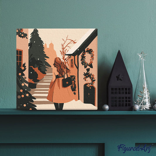 Mini Paint by numbers 8x8 framed - Girl in Festive Village