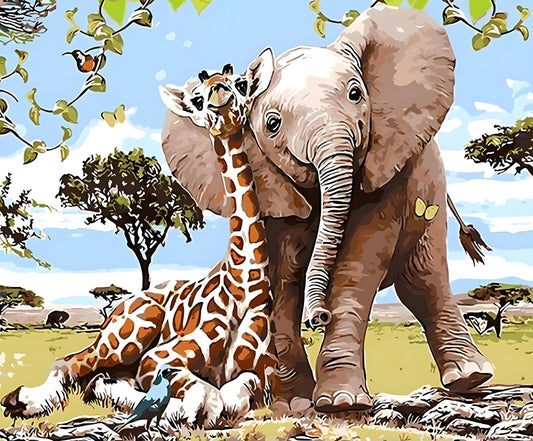 Eine Giraffe und ein Elefant zusammen