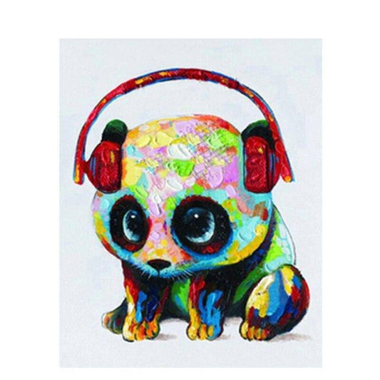 Ein Panda mit bunten Kopfhörern