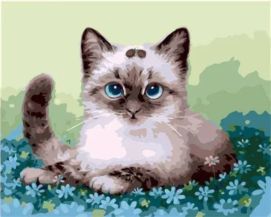 Blaue Blumen mit Katze